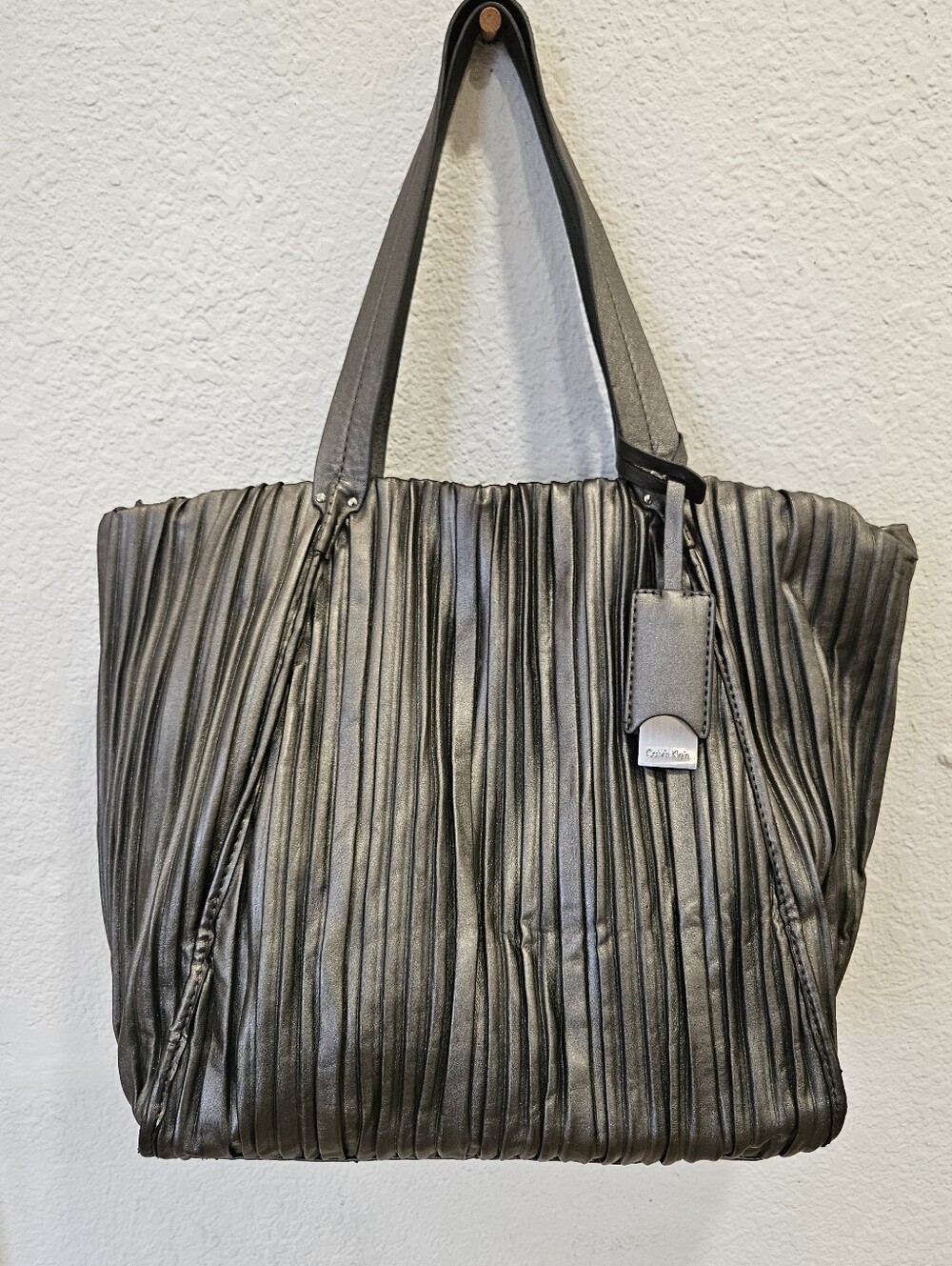 Calvin Klein Silver Metallic Pleated Tote Bag Large Textured Satchel Luxury